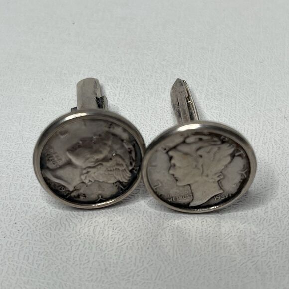 Vintage .925 Silver Mercury Winged Liberty Head Silver Dime 1937 1945 Cufflinks